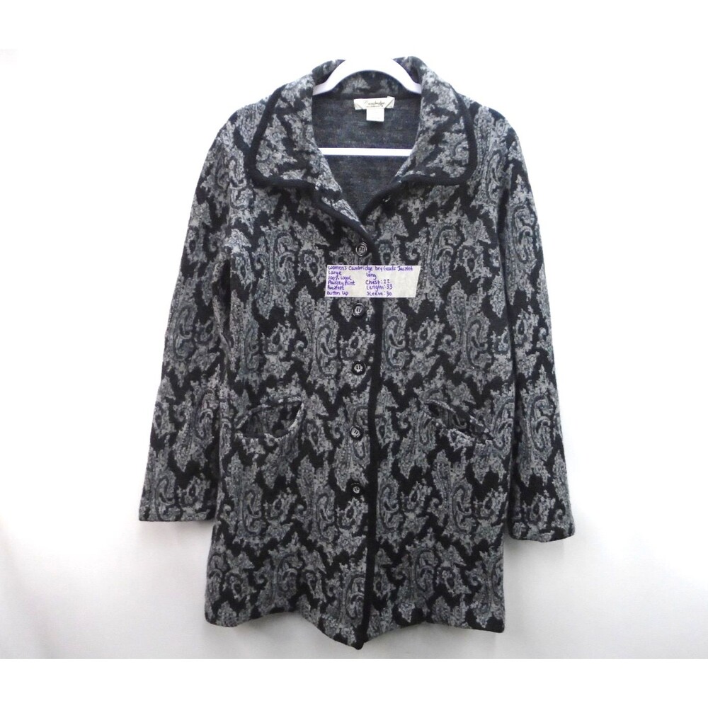 Cambridge Dry Goods Womens Size L Sweater Coat 100% Wool Black Gray Paisley - Picture 1 of 11